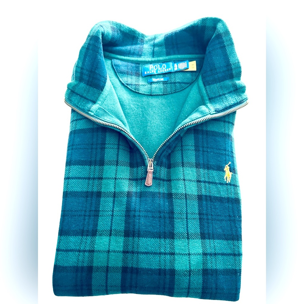 RALPH LAUREN POLO -  3/4 ZIP PLAID SWEATER